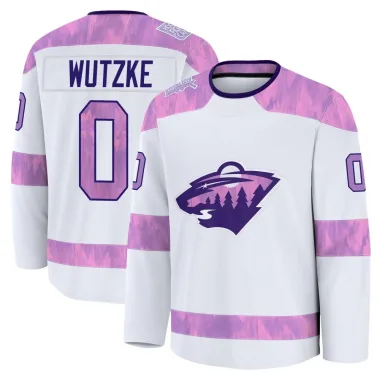 Premium Chase Wutzke White Minnesota Wild 2024 Hockey Fights Cancer Practice Jersey - Youth